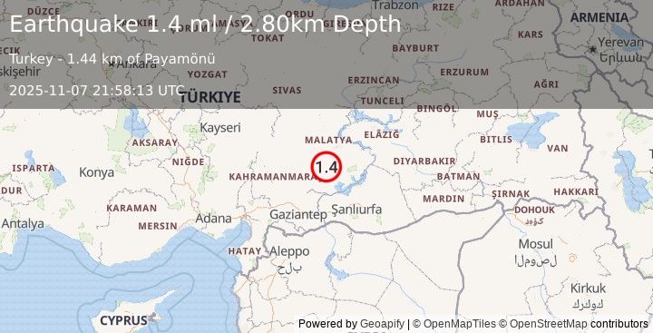 Earthquake EASTERN TURKEY (1.4 ml) (2025-11-07 21:58:13 UTC)