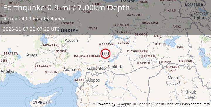 Earthquake EASTERN TURKEY (0.9 ml) (2025-11-07 22:07:23 UTC)
