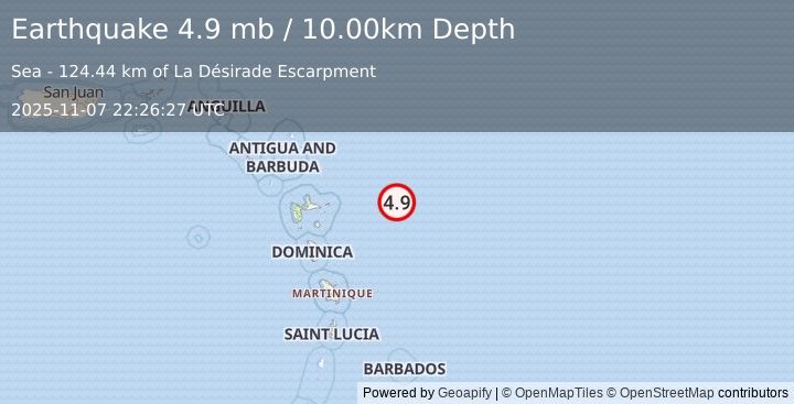 Earthquake EAST OF GUADELOUPE, LEEWARD ISL. (4.9 mb) (2025-11-07 22:26:27 UTC)