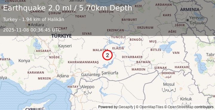 Earthquake EASTERN TURKEY (2.0 ml) (2025-11-08 00:36:45 UTC)