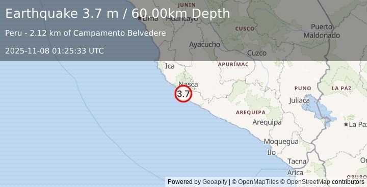 Earthquake NEAR COAST OF CENTRAL PERU (3.7 m) (2025-11-08 01:25:33 UTC)