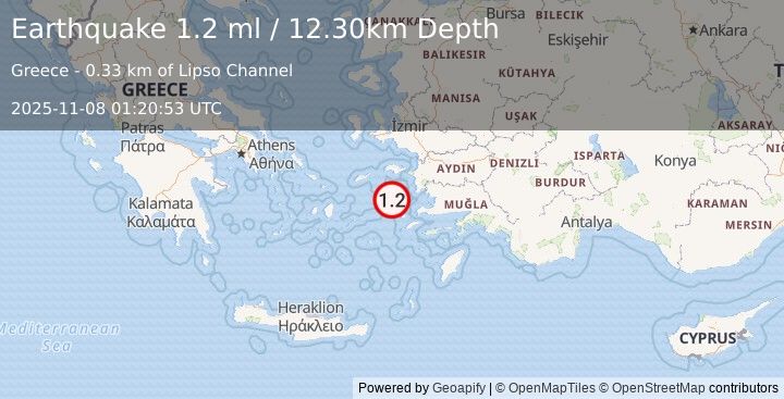 Earthquake DODECANESE ISLANDS, GREECE (1.2 ml) (2025-11-08 01:20:53 UTC)