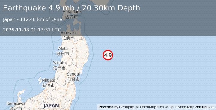 Earthquake OFF EAST COAST OF HONSHU, JAPAN (4.9 mb) (2025-11-08 01:13:31 UTC)