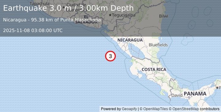 Earthquake NEAR COAST OF NICARAGUA (3.0 m) (2025-11-08 03:08:00 UTC)