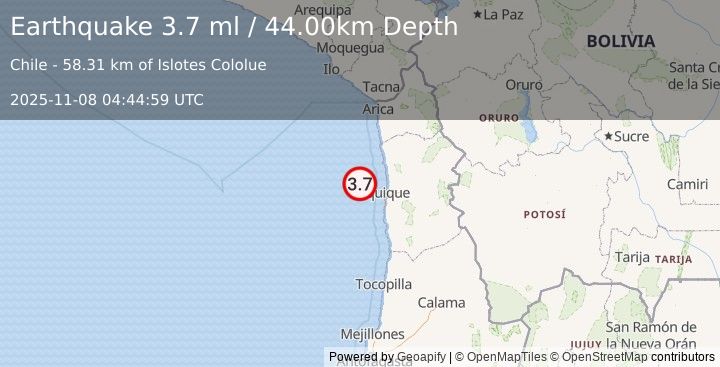 Earthquake OFFSHORE TARAPACA, CHILE (3.4 ml) (2025-11-08 04:44:55 UTC)