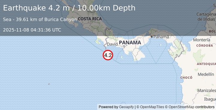Earthquake SOUTH OF PANAMA (4.6 mb) (2025-11-08 04:31:37 UTC)