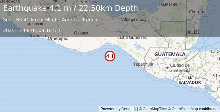 Earthquake OFFSHORE OAXACA, MEXICO (4.1 m) (2025-11-08 05:09:18 UTC)