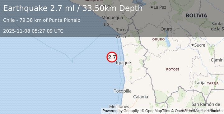 Earthquake OFFSHORE TARAPACA, CHILE (2.7 ml) (2025-11-08 05:27:09 UTC)