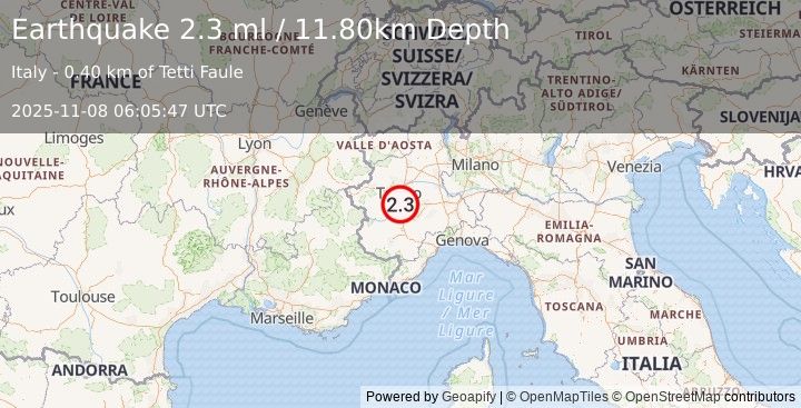 Earthquake NORTHERN ITALY (2.3 ml) (2025-11-08 06:05:47 UTC)