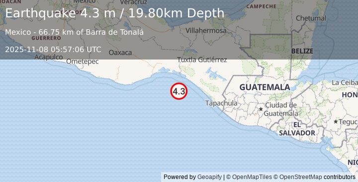 Earthquake OFFSHORE CHIAPAS, MEXICO (4.3 m) (2025-11-08 05:57:06 UTC)
