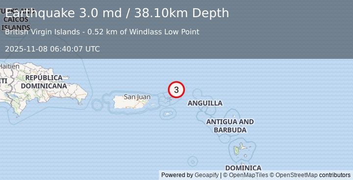 Earthquake ANEGADA, BRITISH VIRGIN ISLANDS (3.0 md) (2025-11-08 06:40:07 UTC)