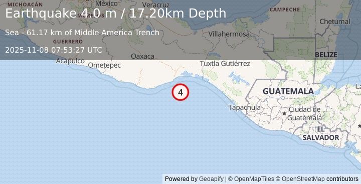 Earthquake OFFSHORE OAXACA, MEXICO (4.0 m) (2025-11-08 07:53:27 UTC)