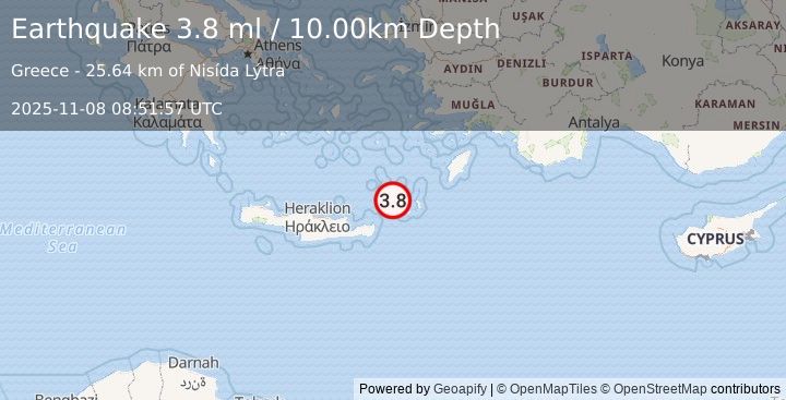 Earthquake CRETE, GREECE (3.7 ml) (2025-11-08 08:51:57 UTC)