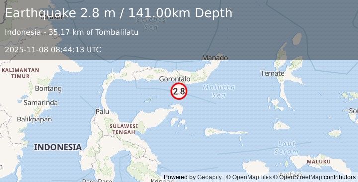 Earthquake MINAHASA, SULAWESI, INDONESIA (2.8 m) (2025-11-08 08:44:13 UTC)