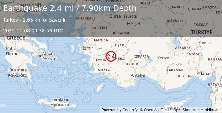 Earthquake WESTERN TURKEY (2.3 ml) (2025-11-08 09:39:37 UTC)