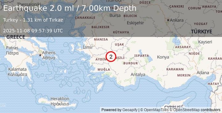 Earthquake WESTERN TURKEY (2.0 ml) (2025-11-08 09:57:38 UTC)