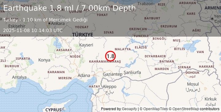 Earthquake CENTRAL TURKEY (1.8 ml) (2025-11-08 10:14:03 UTC)