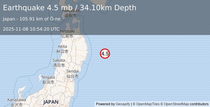 Earthquake OFF EAST COAST OF HONSHU, JAPAN (4.5 mb) (2025-11-08 10:54:20 UTC)
