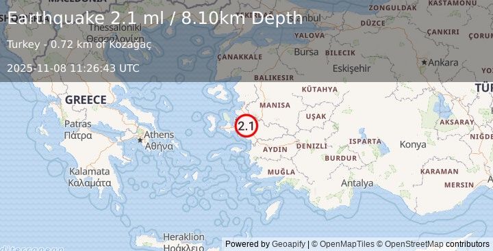 Earthquake WESTERN TURKEY (2.1 ml) (2025-11-08 11:26:43 UTC)