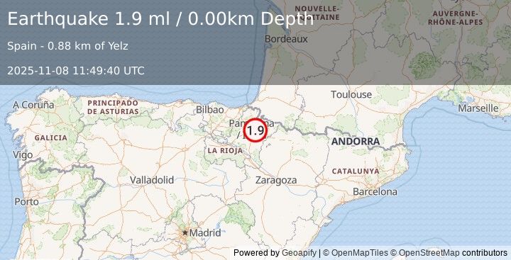 Earthquake PYRENEES (1.9 ml) (2025-11-08 11:49:40 UTC)
