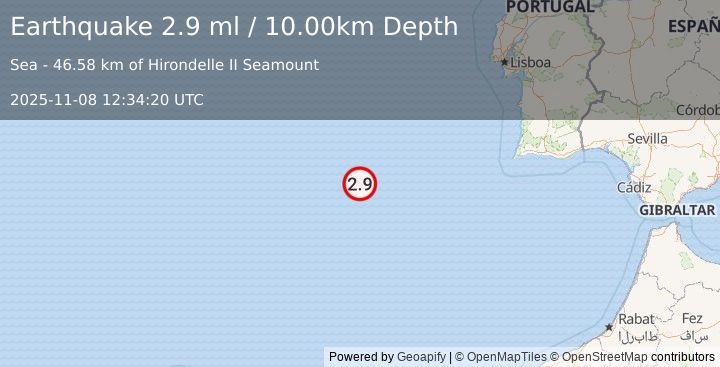 Earthquake AZORES-CAPE ST. VINCENT RIDGE (2.9 ml) (2025-11-08 12:34:20 UTC)