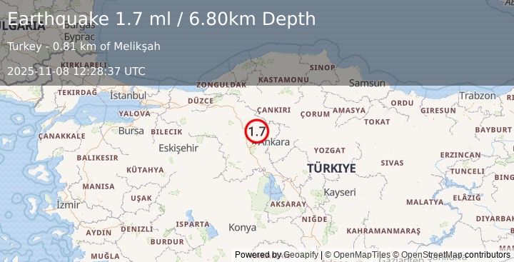 Earthquake CENTRAL TURKEY (1.7 ml) (2025-11-08 12:28:37 UTC)