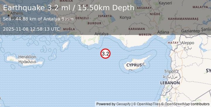 Earthquake EASTERN MEDITERRANEAN SEA (3.2 ml) (2025-11-08 12:58:14 UTC)