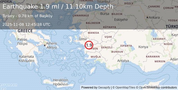 Earthquake WESTERN TURKEY (1.9 ml) (2025-11-08 12:45:38 UTC)