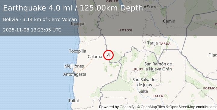Earthquake POTOSI, BOLIVIA (4.0 ml) (2025-11-08 13:23:02 UTC)