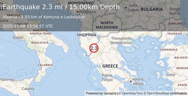 Earthquake ALBANIA (2.3 ml) (2025-11-08 13:54:57 UTC)