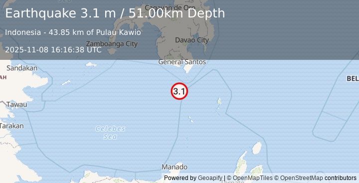Earthquake KEPULAUAN SANGIHE, INDONESIA (3.1 m) (2025-11-08 16:16:38 UTC)