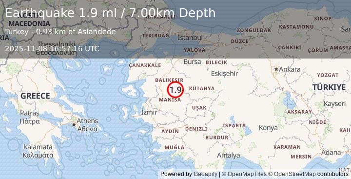 Earthquake WESTERN TURKEY (1.9 ml) (2025-11-08 16:57:16 UTC)