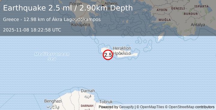 Earthquake CRETE, GREECE (2.5 ml) (2025-11-08 18:22:59 UTC)