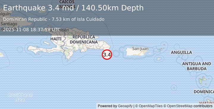 Earthquake DOMINICAN REPUBLIC REGION (3.4 md) (2025-11-08 18:37:58 UTC)