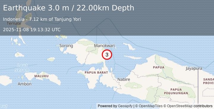 Earthquake NEAR N COAST OF PAPUA, INDONESIA (3.0 m) (2025-11-08 19:13:32 UTC)