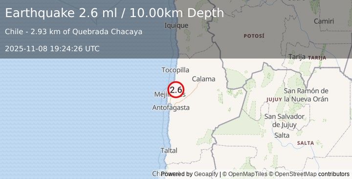 Earthquake ANTOFAGASTA, CHILE (2.6 ml) (2025-11-08 19:24:26 UTC)