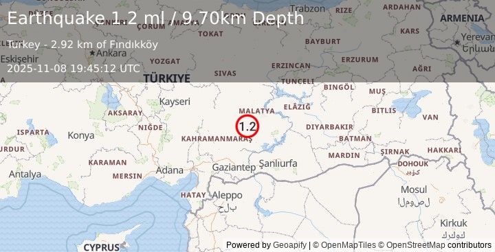 Earthquake CENTRAL TURKEY (1.2 ml) (2025-11-08 19:45:12 UTC)