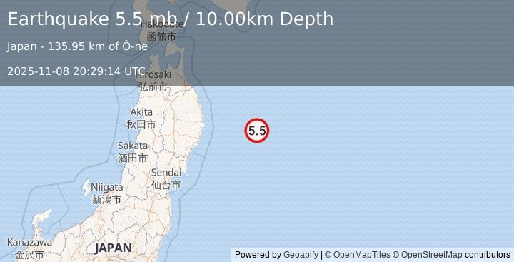 Earthquake OFF EAST COAST OF HONSHU, JAPAN (5.3 mb) (2025-11-08 20:29:19 UTC)