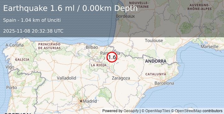 Earthquake PYRENEES (1.6 ml) (2025-11-08 20:32:38 UTC)