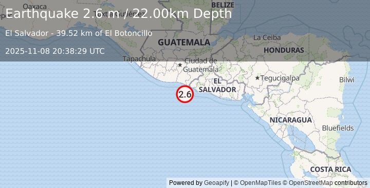 Earthquake OFFSHORE EL SALVADOR (2.6 m) (2025-11-08 20:38:29 UTC)