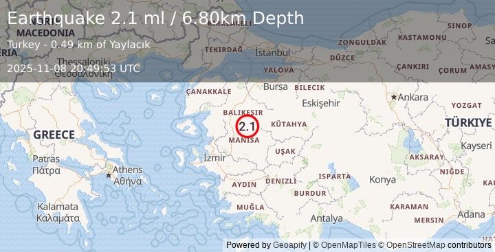 Earthquake WESTERN TURKEY (2.1 ml) (2025-11-08 20:49:53 UTC)