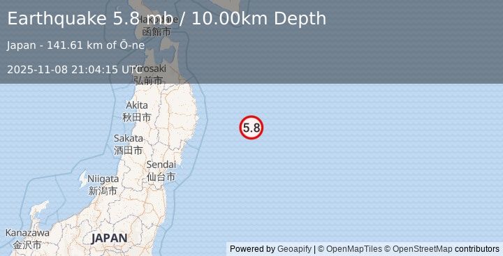 Earthquake OFF EAST COAST OF HONSHU, JAPAN (5.4 mw) (2025-11-08 21:04:18 UTC)