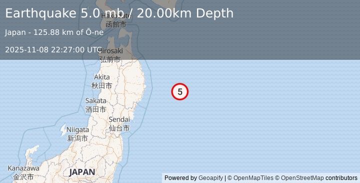 Earthquake OFF EAST COAST OF HONSHU, JAPAN (5.1 mb) (2025-11-08 22:26:58 UTC)