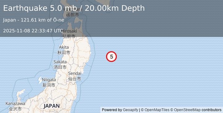 Earthquake OFF EAST COAST OF HONSHU, JAPAN (5.0 mw) (2025-11-08 22:33:50 UTC)