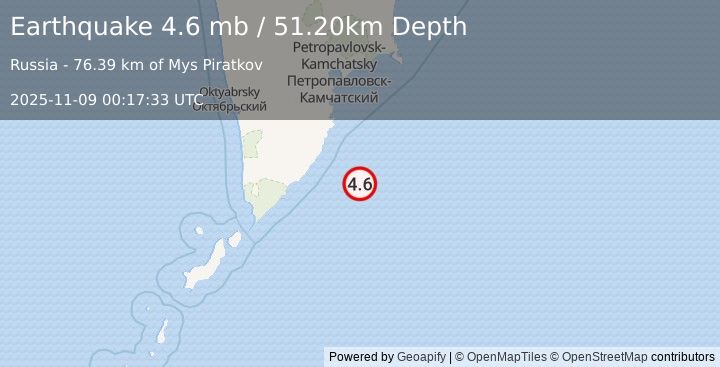 Earthquake OFF EAST COAST OF KAMCHATKA (4.6 mb) (2025-11-09 00:17:33 UTC)