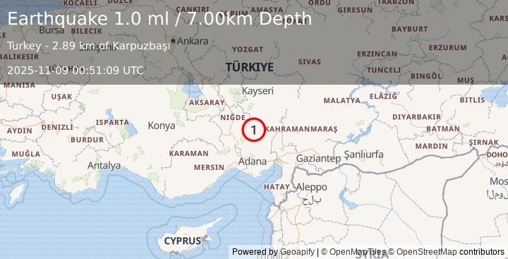 Earthquake CENTRAL TURKEY (1.0 ml) (2025-11-09 00:51:09 UTC)