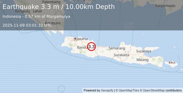 Earthquake JAVA, INDONESIA (3.3 m) (2025-11-09 03:01:32 UTC)