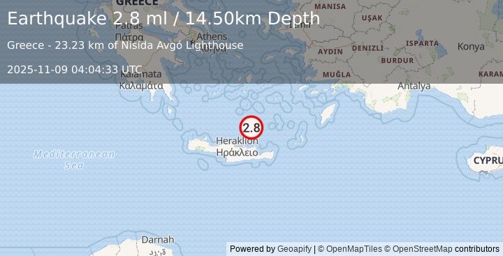 Earthquake CRETE, GREECE (2.8 ml) (2025-11-09 04:04:33 UTC)