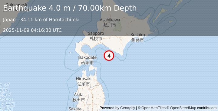 Earthquake HOKKAIDO, JAPAN REGION (4.0 m) (2025-11-09 04:16:41 UTC)