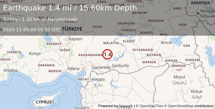 Earthquake CENTRAL TURKEY (1.4 ml) (2025-11-09 04:09:55 UTC)
